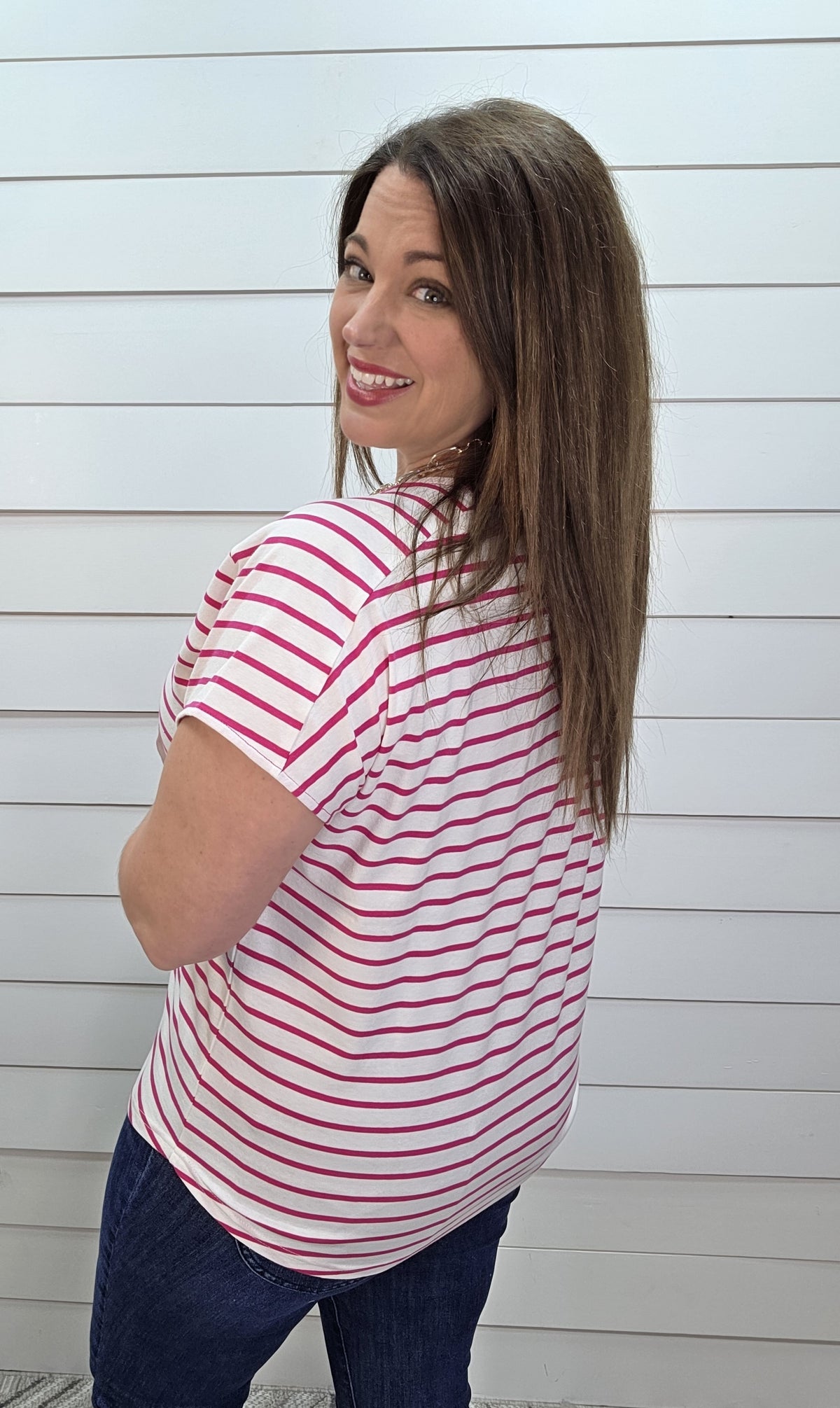 FUCHSIA/WHITE STRIPED BOAT NECK KNIT TOP