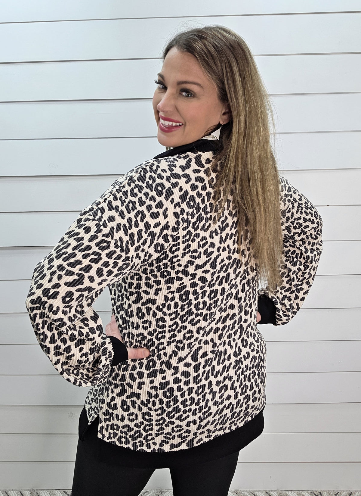 BEIGE/BLACK LEOPARD RAISED RIBBED QUARTER ZIP