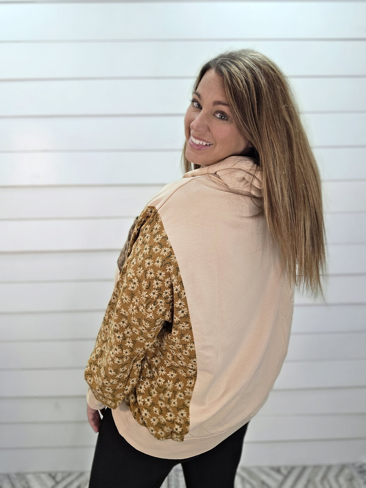 OATMEAL FLORAL COLORBLOCK OVERSIZED FRENCH TERRY HOODIE