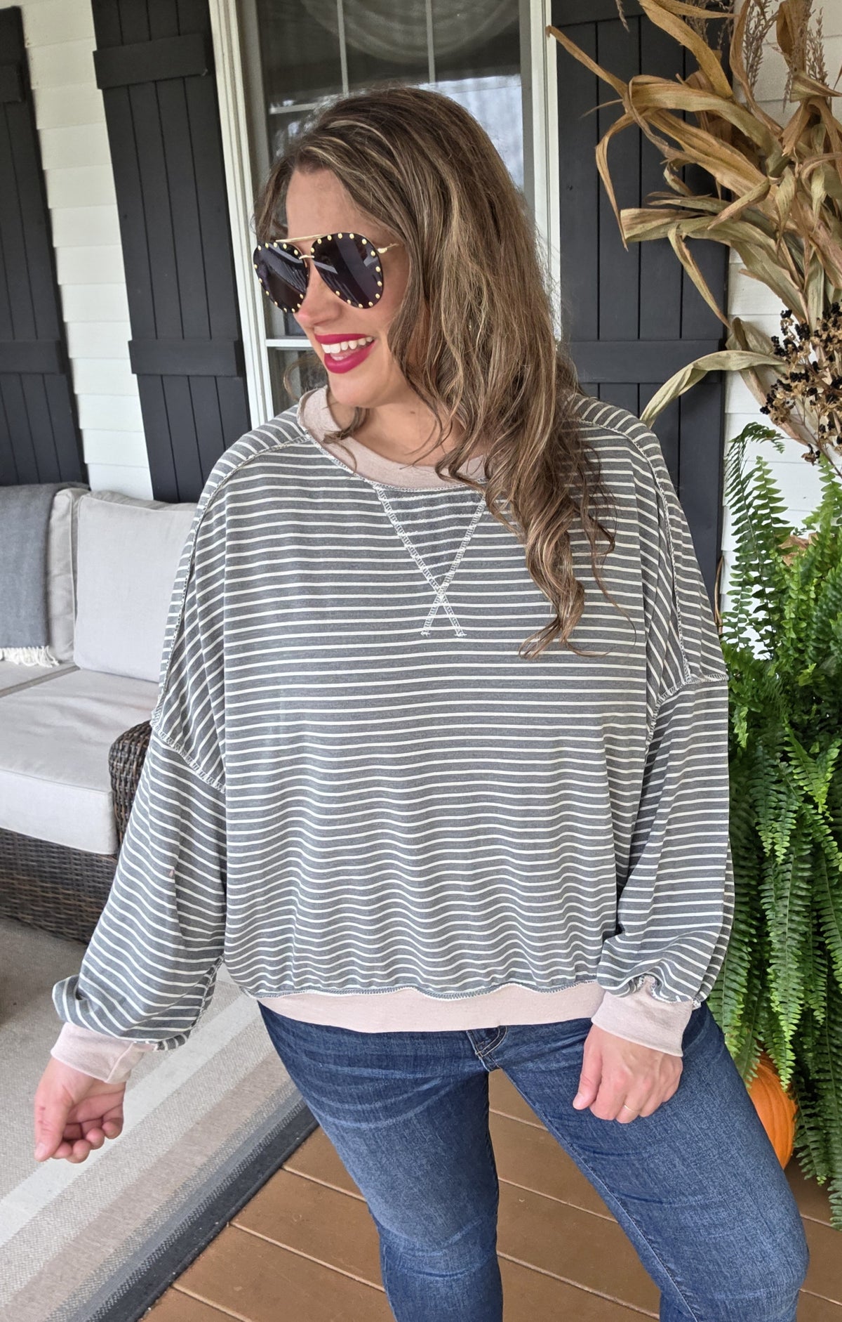 OLIVE STRIPED LOOSE FIT DROP SHOULDER TOP