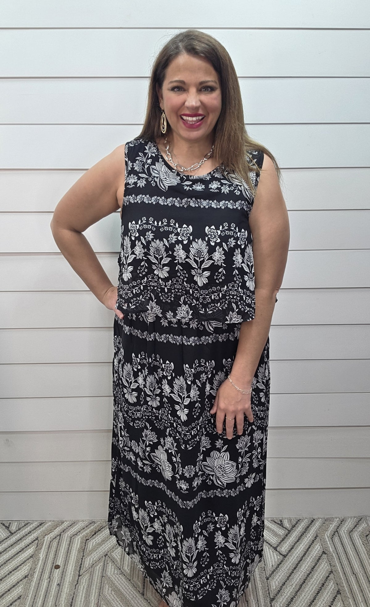BLACK FLORAL OVERLAY ELASTIC WAIST LONG DRESS