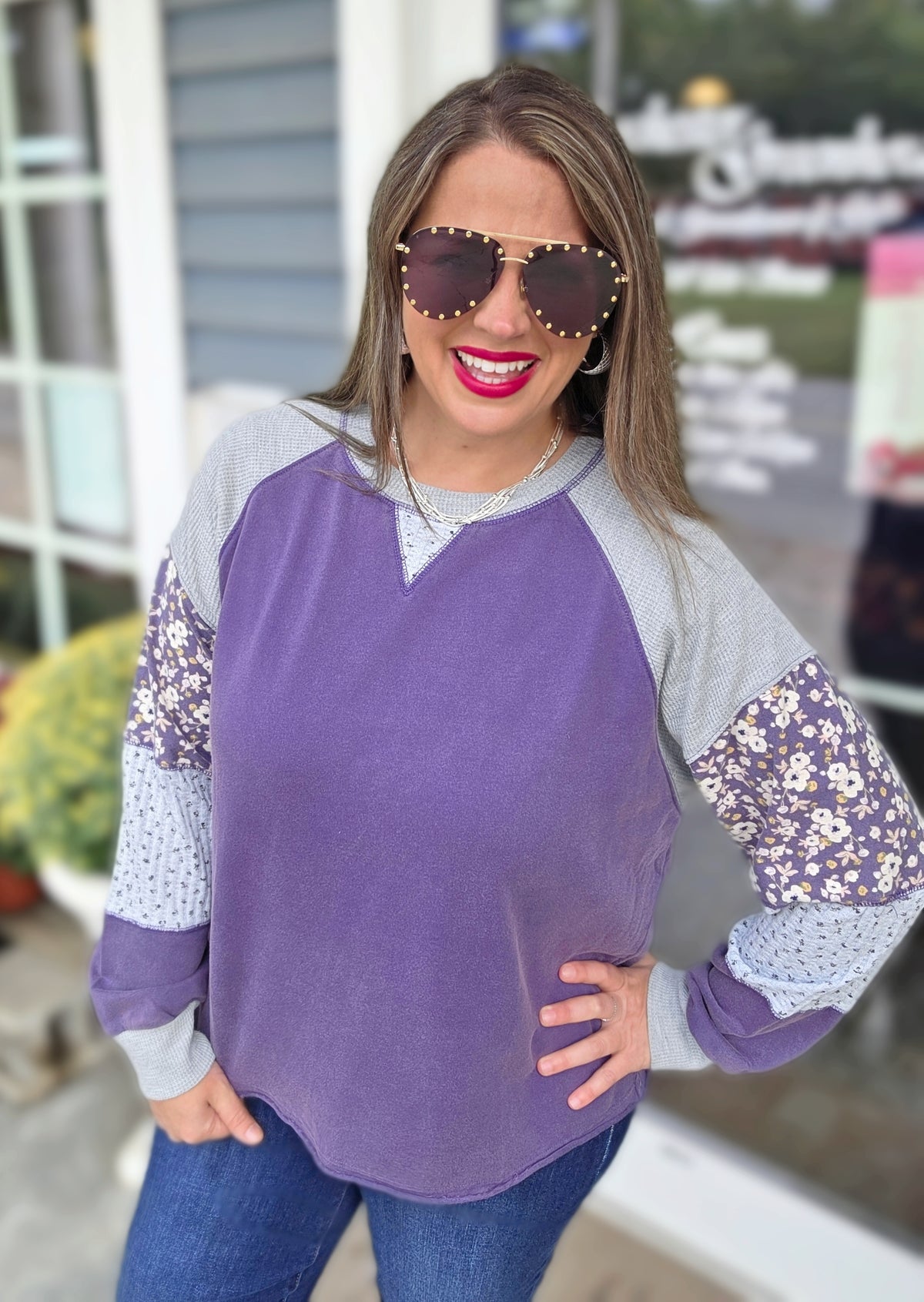 PURPLE PATCHWORK SLEEVE OVERSIZED TOP