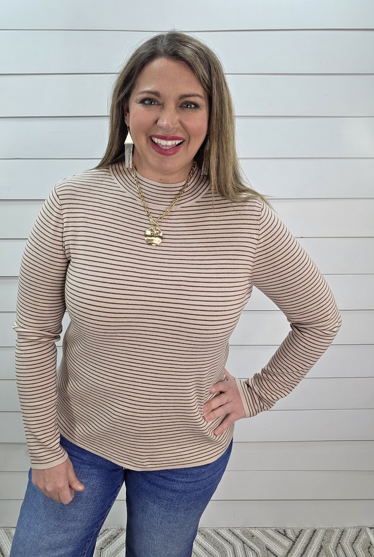 TAUPE PINSTRIPE MOCK NECK PULLOVER LIGHT WEIGHT SWEATER