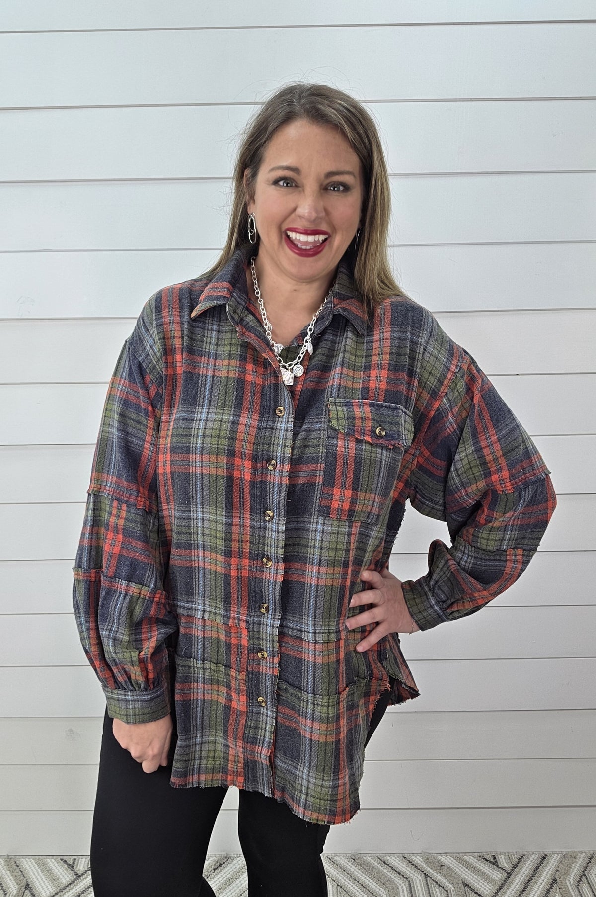 ASH/RED PLAID OVERSIZED BUTTON DOWN PLAID TOP