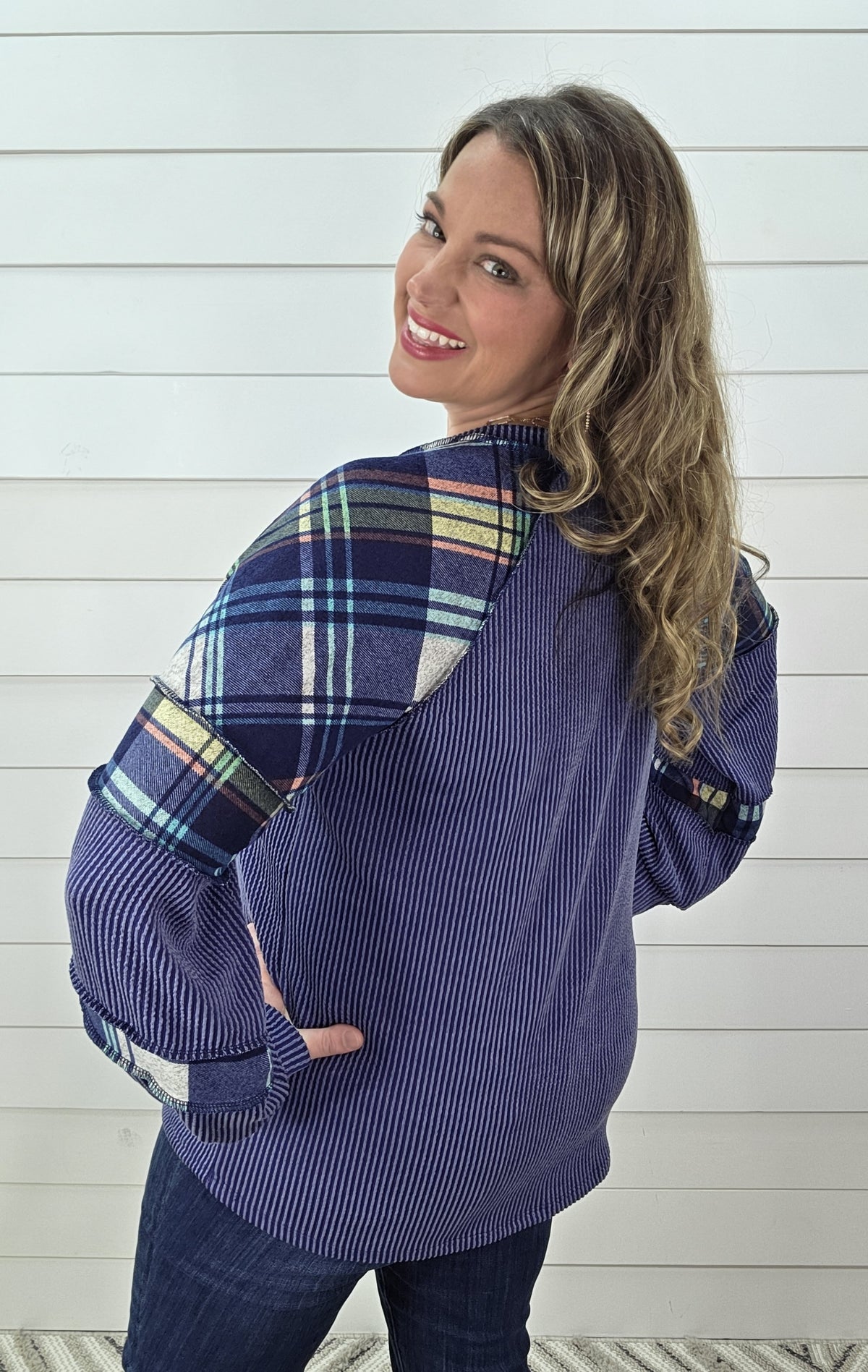 DENIM BLUE RAISED RIBBED/PLAID CONTRAST KNIT TOP