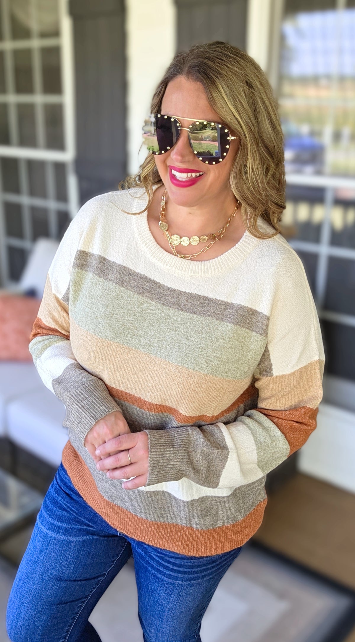 MOCHA/TAUPE/RUST COLORBLOCK KNIT LIGHT WEIGHT SWEATER