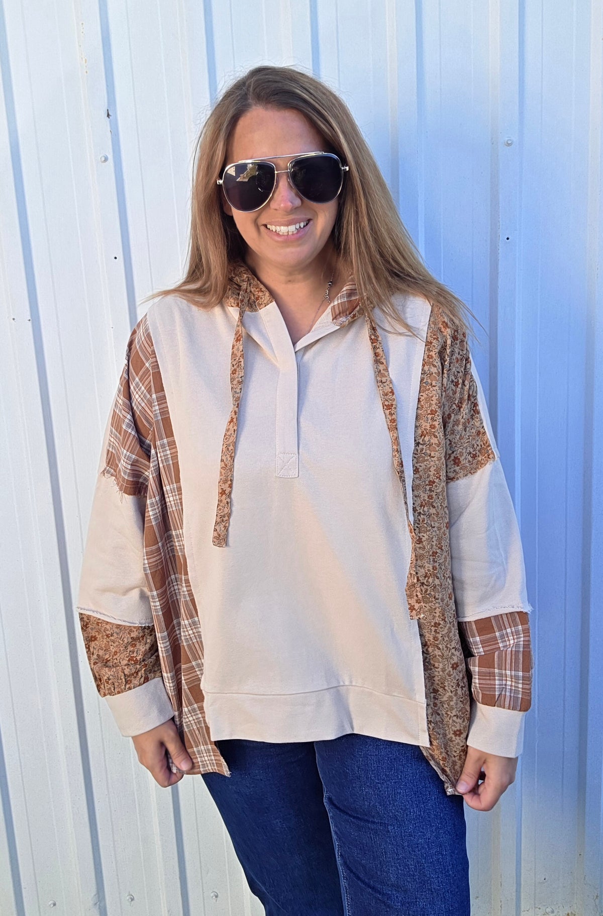 Oatmeal Snap Button Down Plaid Check Floral Print Color Block With Cut Edge Detail Drop Light Weight Hoodie