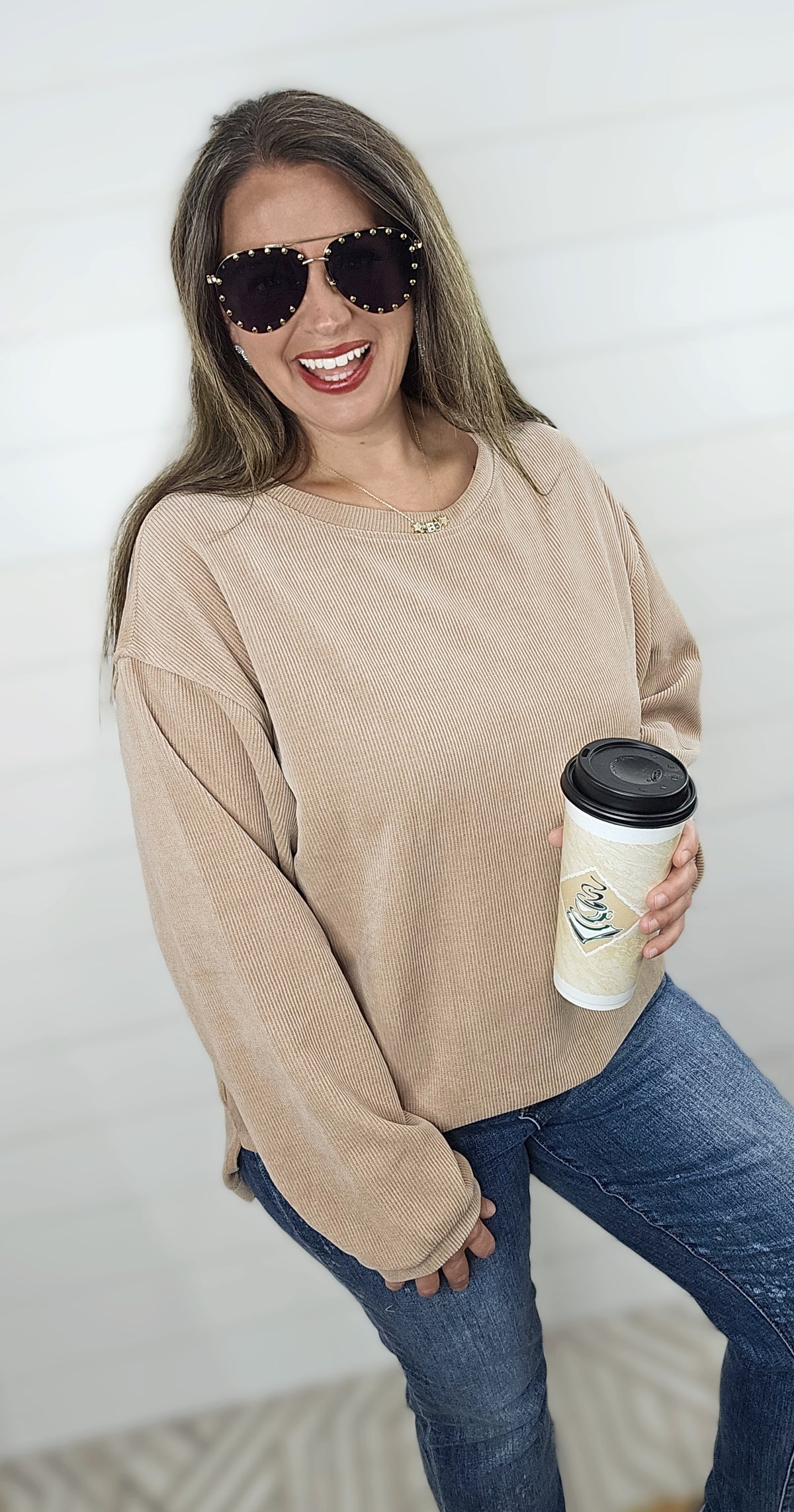 NATURAL SARAH CORDED CREW NECK