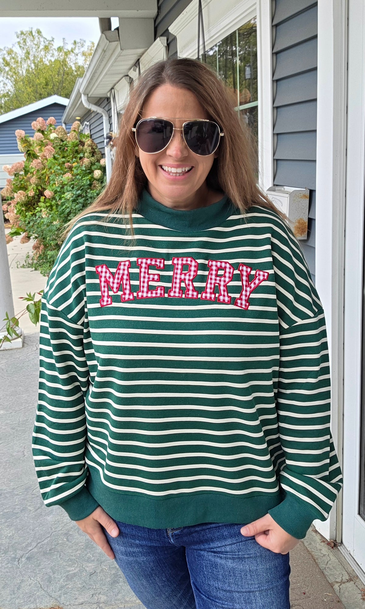 Hunter Green Ribbed Crew Neck Drop Shoulder Long Sleeve With Ribbed Cuffs And Hemline Stripe Pullover