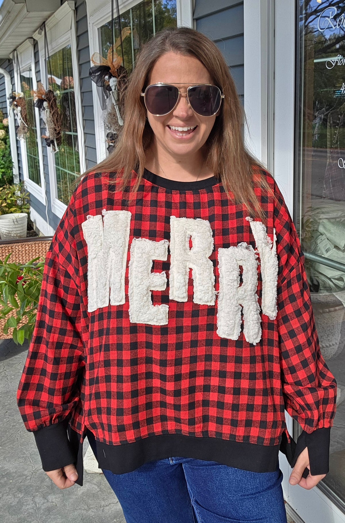 RED/BLACK BUFFALO CHECK MERRY OVERSIZED TOP