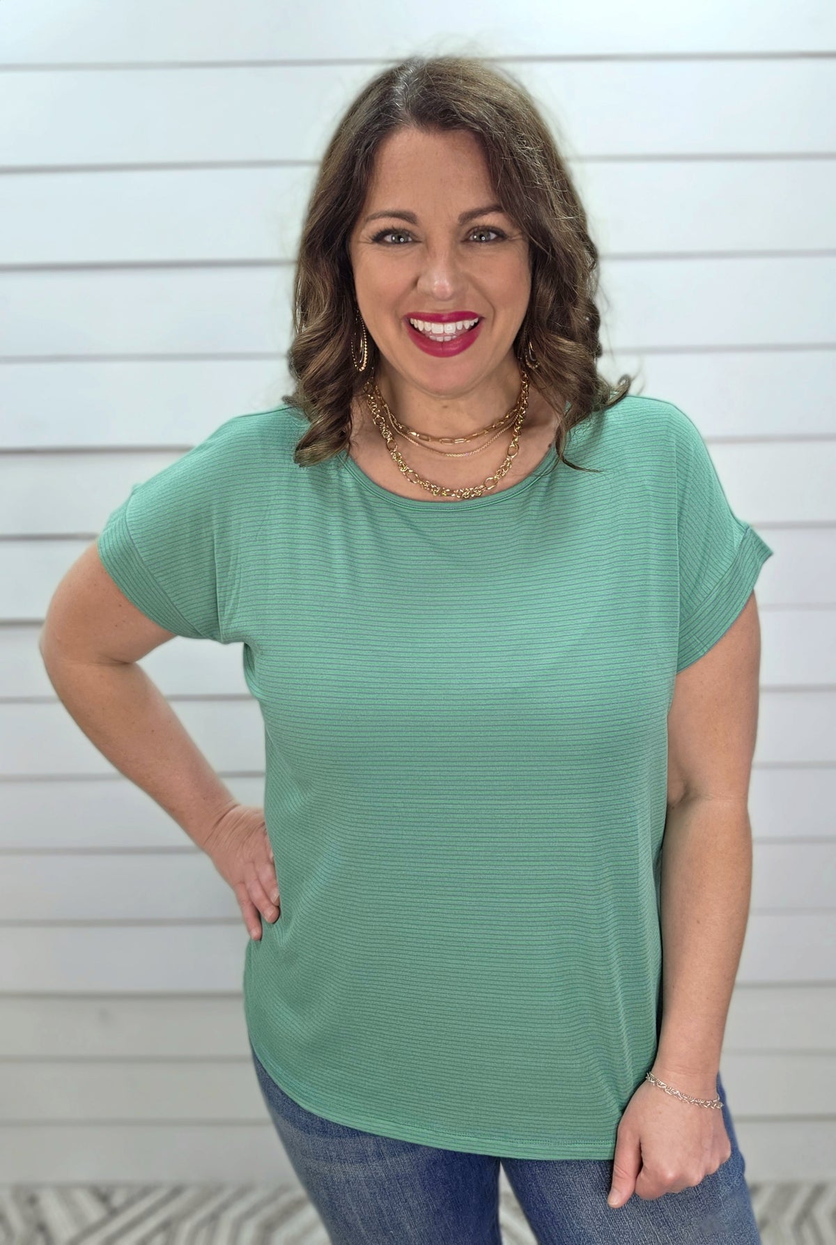 GREEN/MAGENTA PINSTRIPE KNIT TOP W/ TWIST KEYHOLE BACK