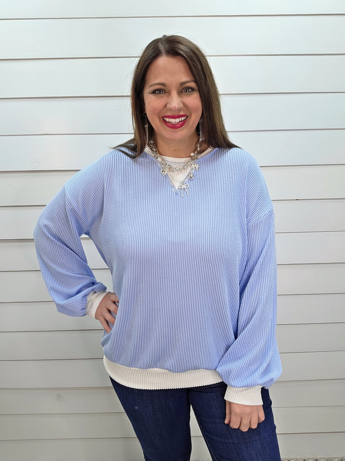 LIGHT BLUE RAISED RIBBED LONG SLEEVE KNIT TOP