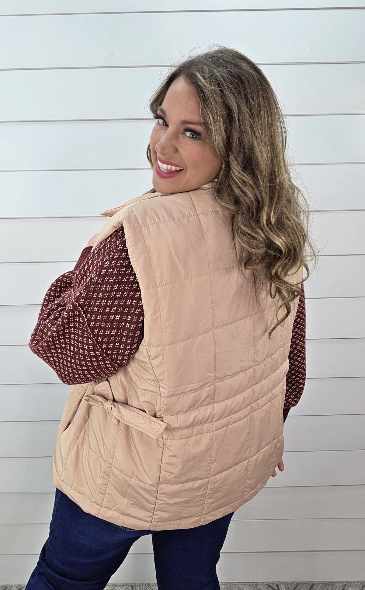 TAN FULL ZIP VEST WITH ADJUSTABLE SIDE TIES
