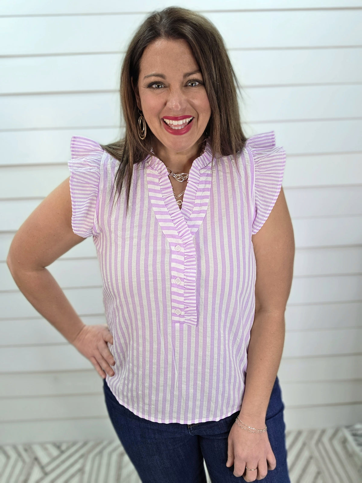 LAVENDER VERTICAL STRIPED V NECK HENLEY RUFFLE TRIM TOP