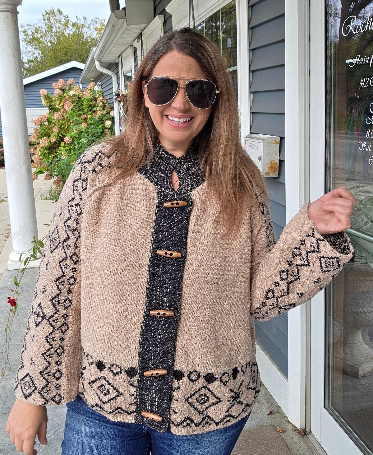 Mocha Nordic Pattern Raglan Long Sleeve Contrast Rib Band With Toggle Buttons Soft Cardigan