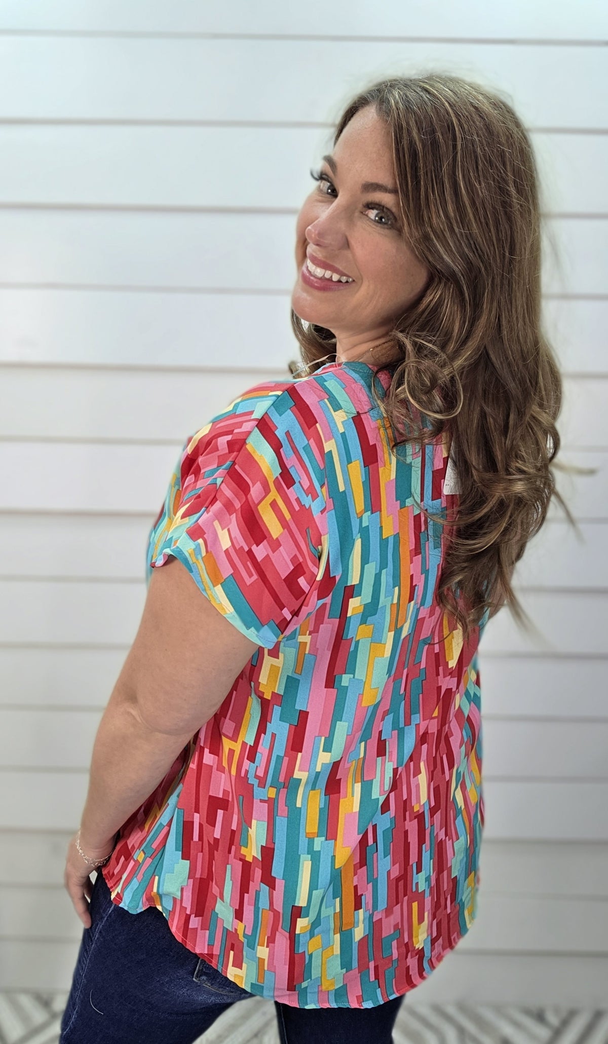 FUCSHIA/TEAL MULTI PRINT V NECK WOVEN TOP