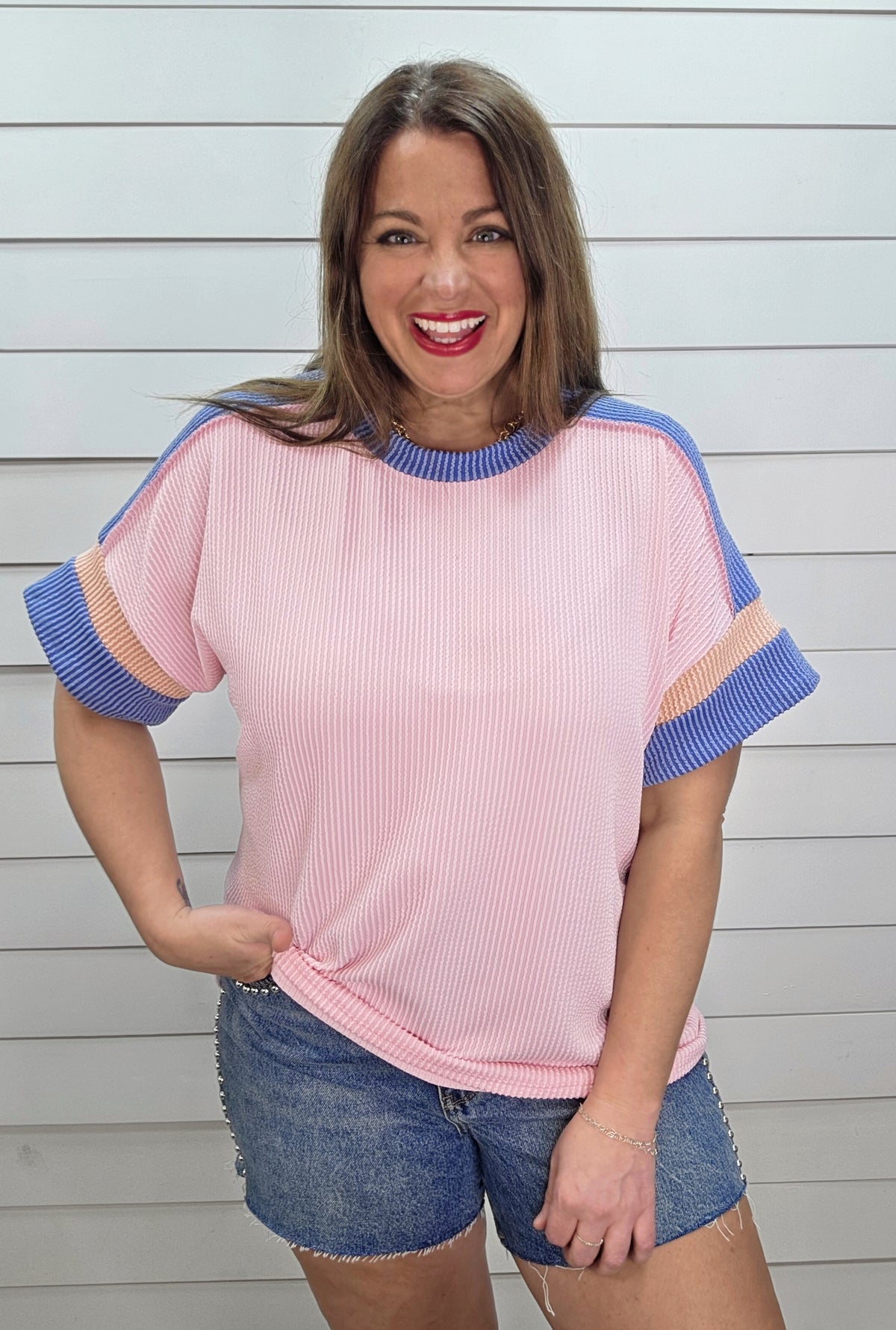 PINK/DENIM/PEACH COLORBLOCK RAISED RIBBED KNIT TOP