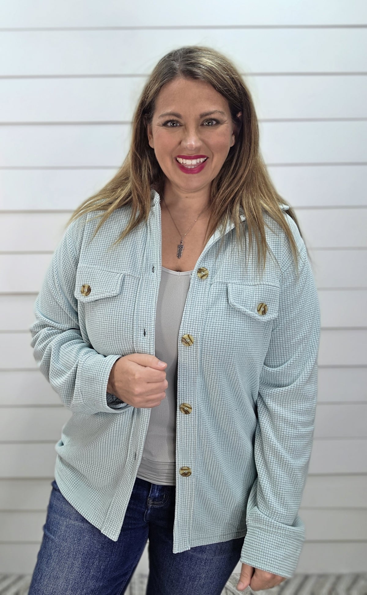 MINT RAISED BRUSHED CHECKED TEXTURE BUTTON DOWN KNIT TOP