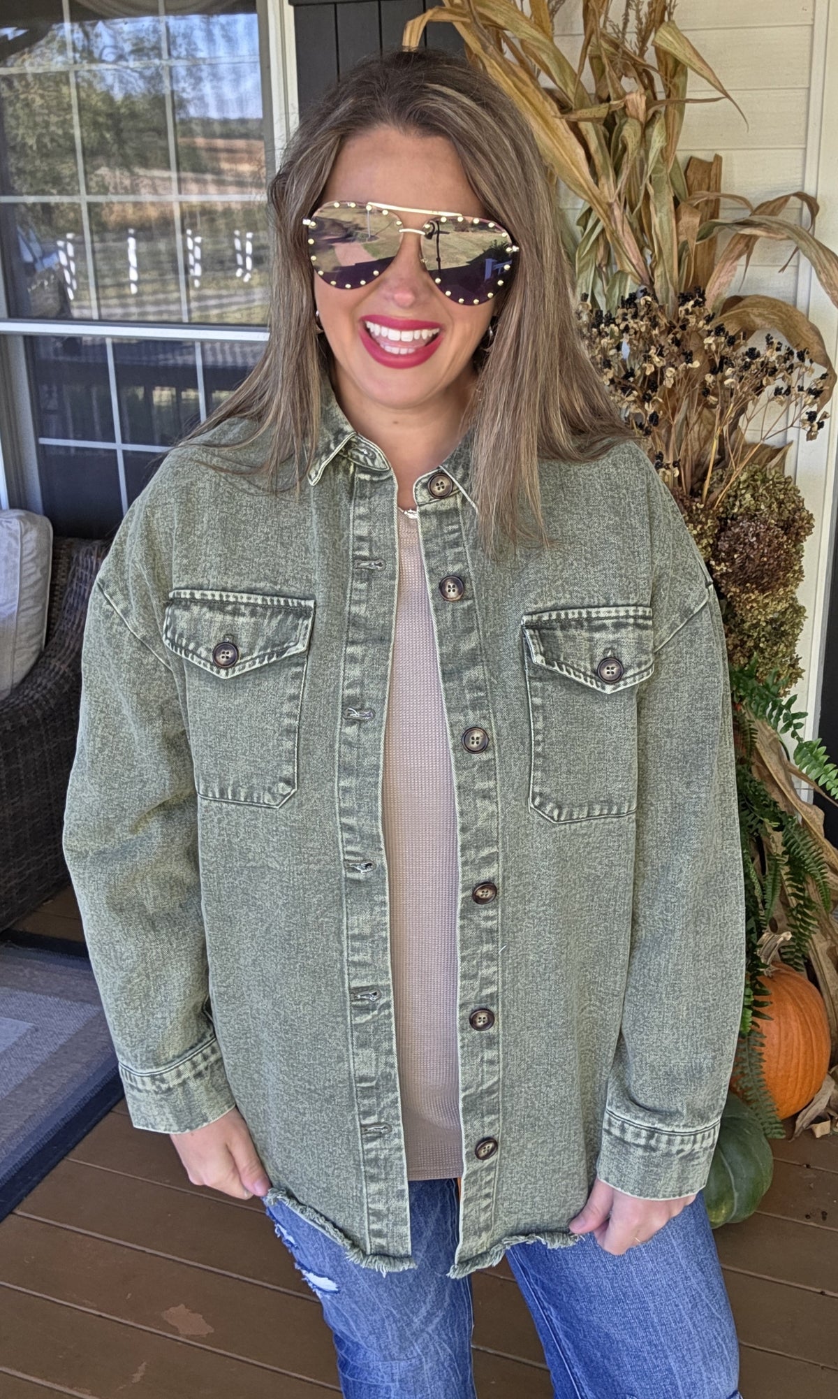 MINERAL WASH GREEN BUTTON DOWN OVERSIZED DENIM SHACKET
