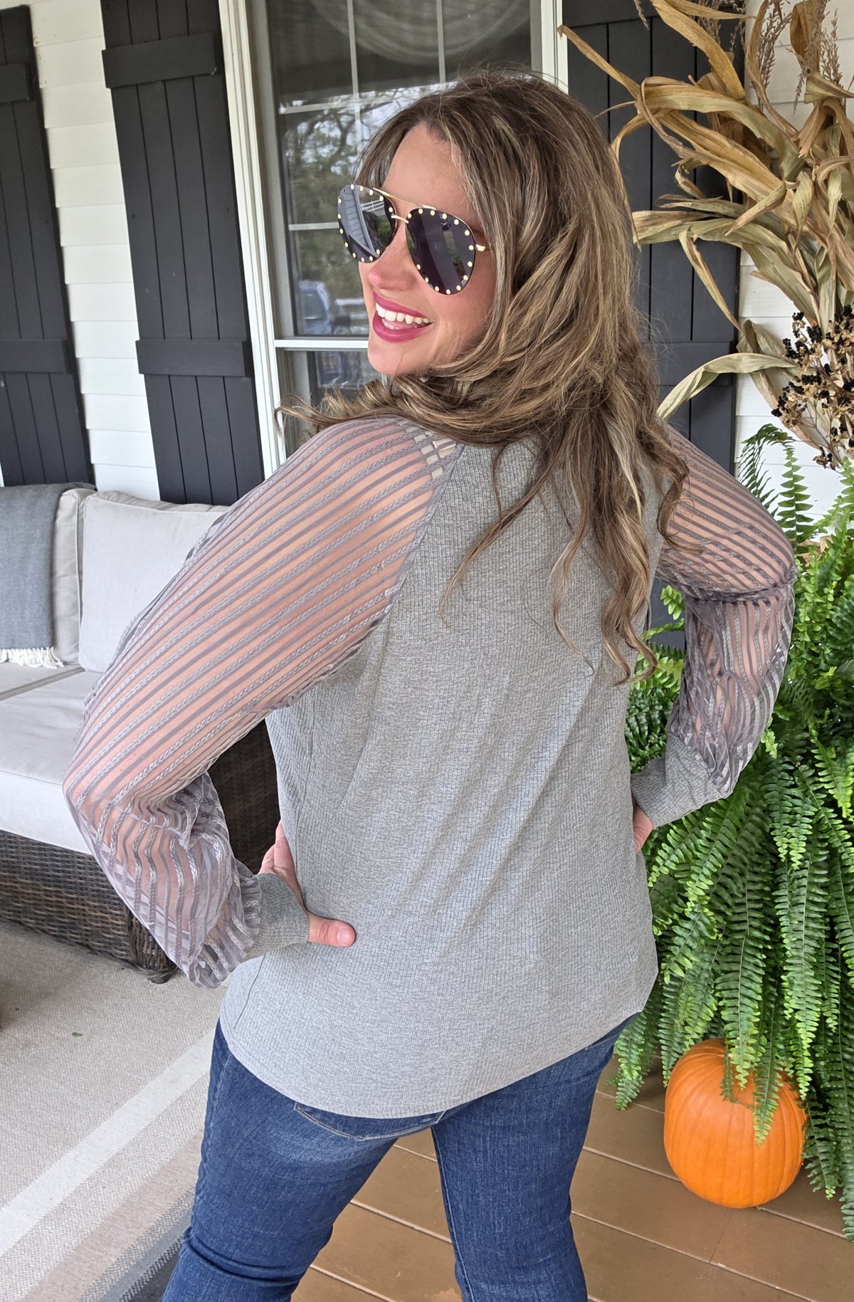 GREY RIBBED KNIT/ STRIPED MESH SLEEVE TOP