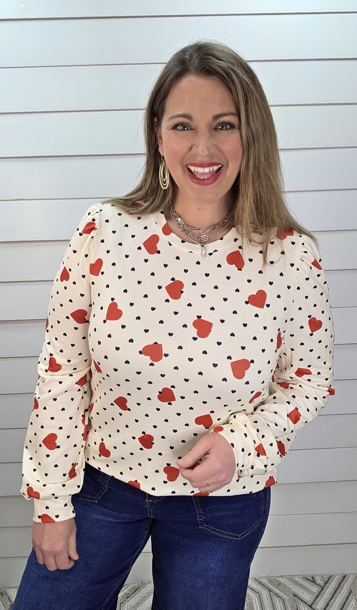 MULTI HEART KNIT CREAM TOP