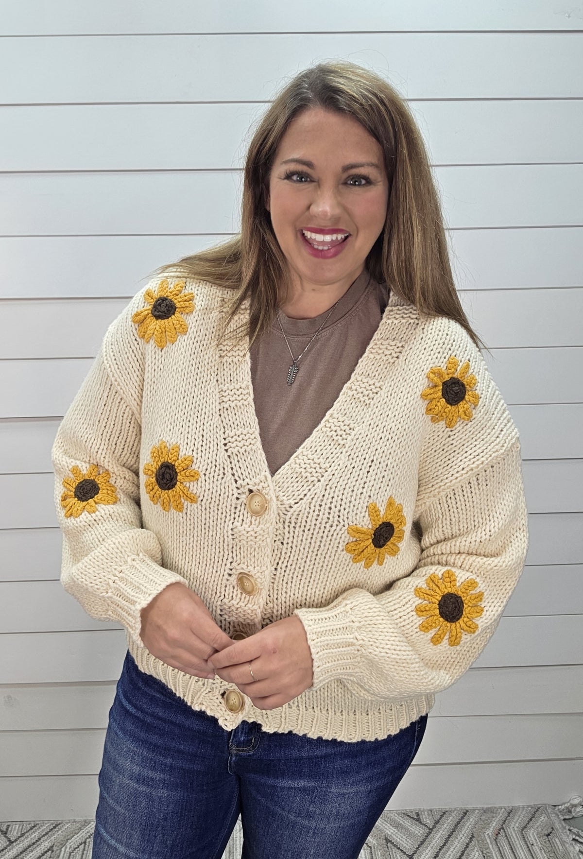 CREAM SUNFLOWER BUTTON CARDIGAN