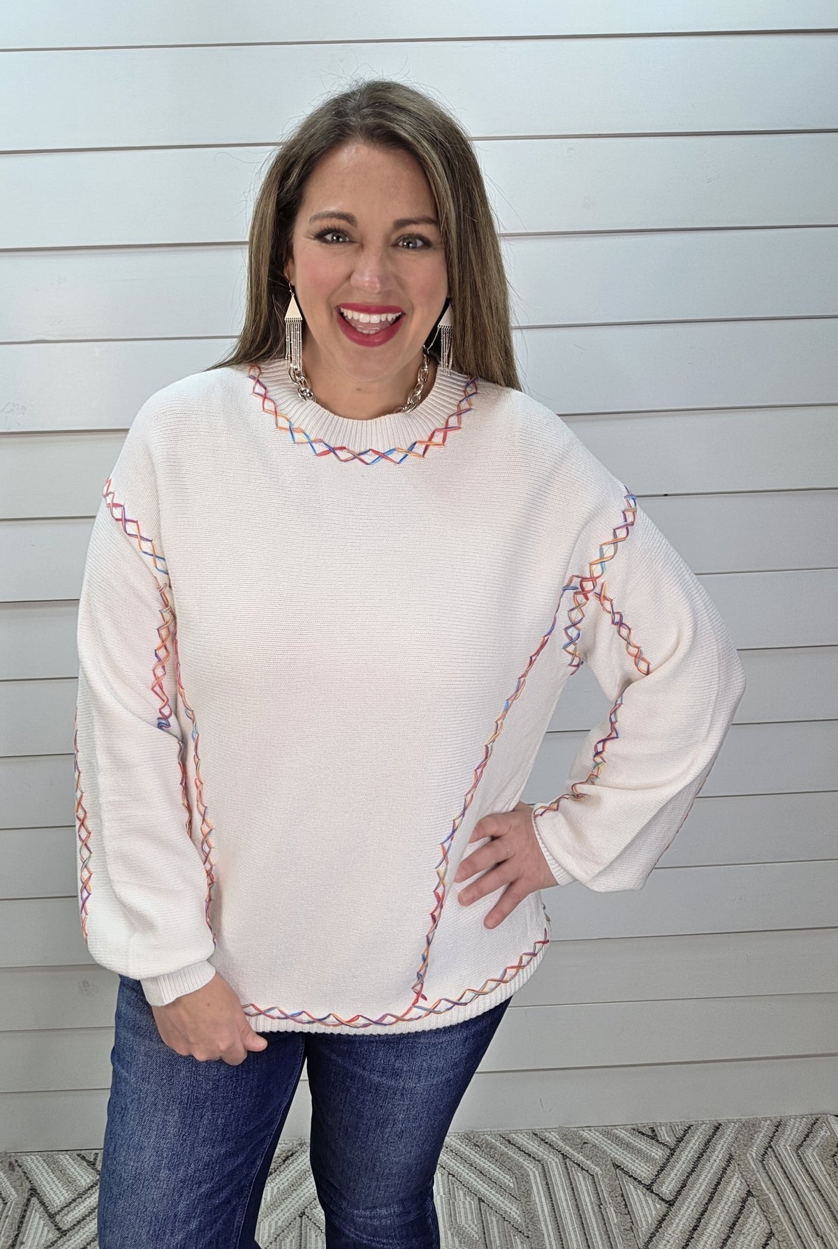 WHITE RAINBOW STITCH ULTRA SOFT SWEATER