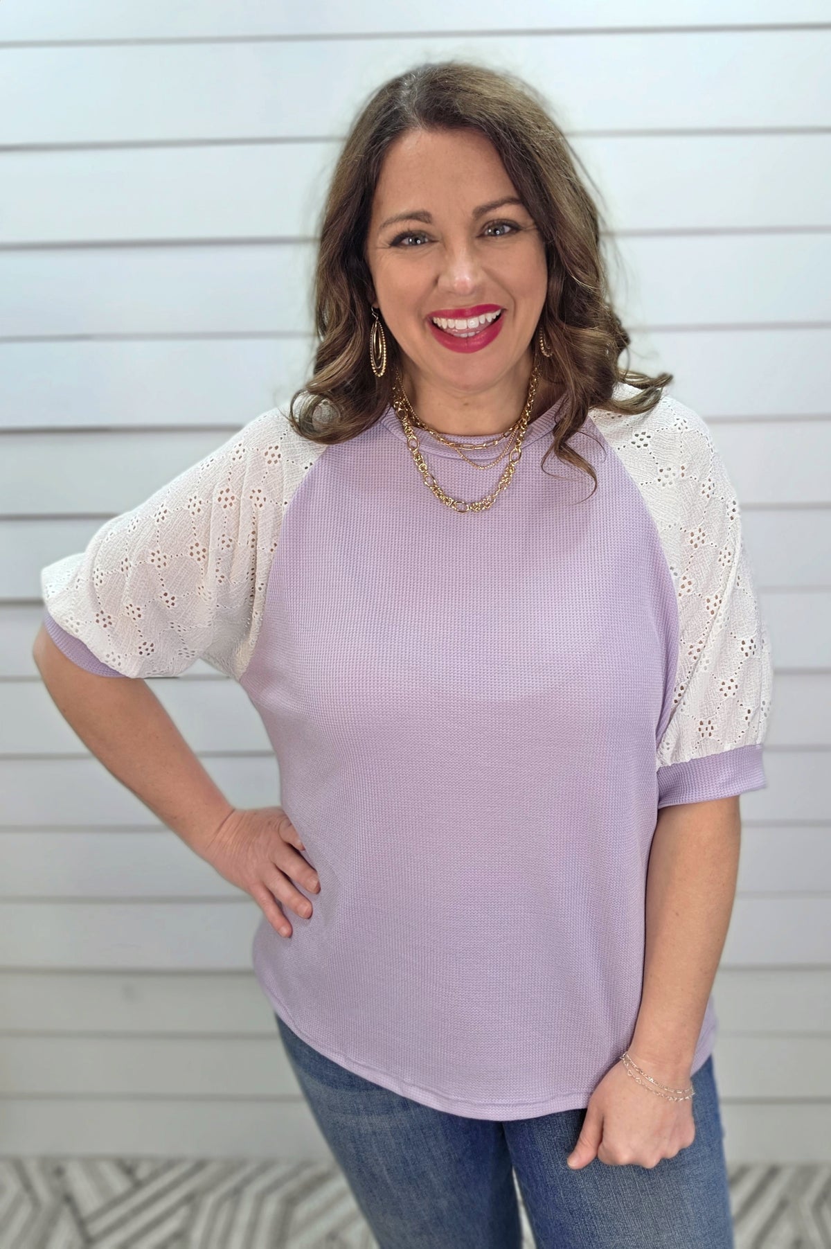 LAVENDER WAFFLE TEXTURE KNIT TOP W/ CROCHET LACE SHORT SLEEVES