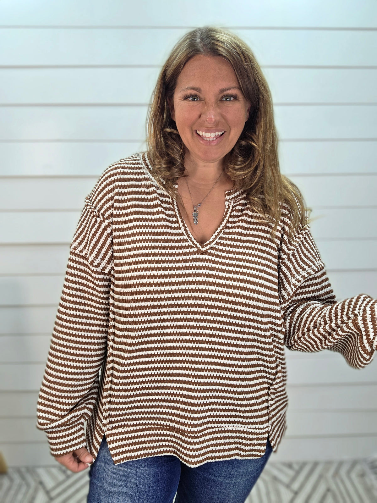 BROWN/CREAM Stripe Split Neck Long Sleeve Seam Detail Knit Top