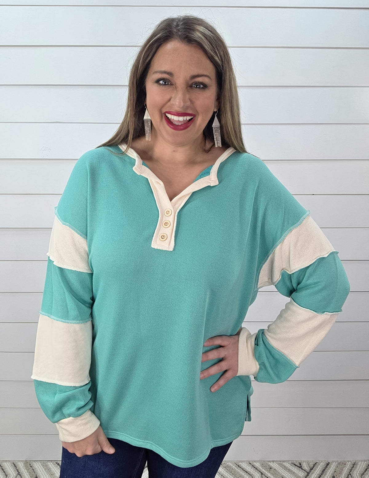 JADE FRENCH TERRY COLORBLOCK BUTTON TRIM KNIT TOP