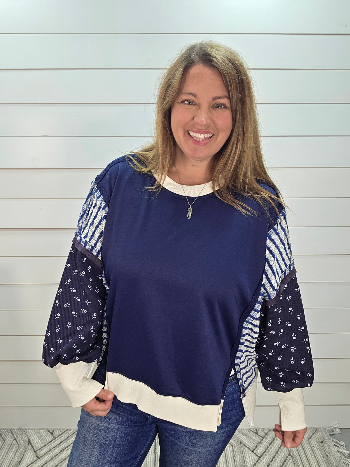 NAVY/STRIPED/FLORAL LOOSE FIT FRENCH TERRY TOP