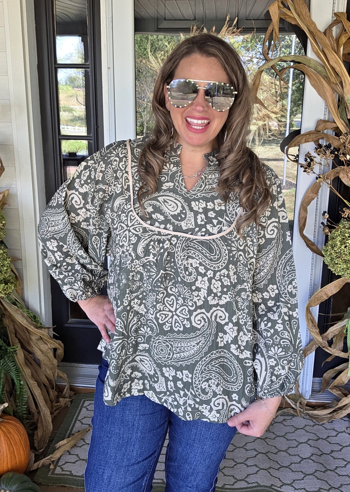 OLIVE/TAUPE TEXTURED PRINTED BLOUSE
