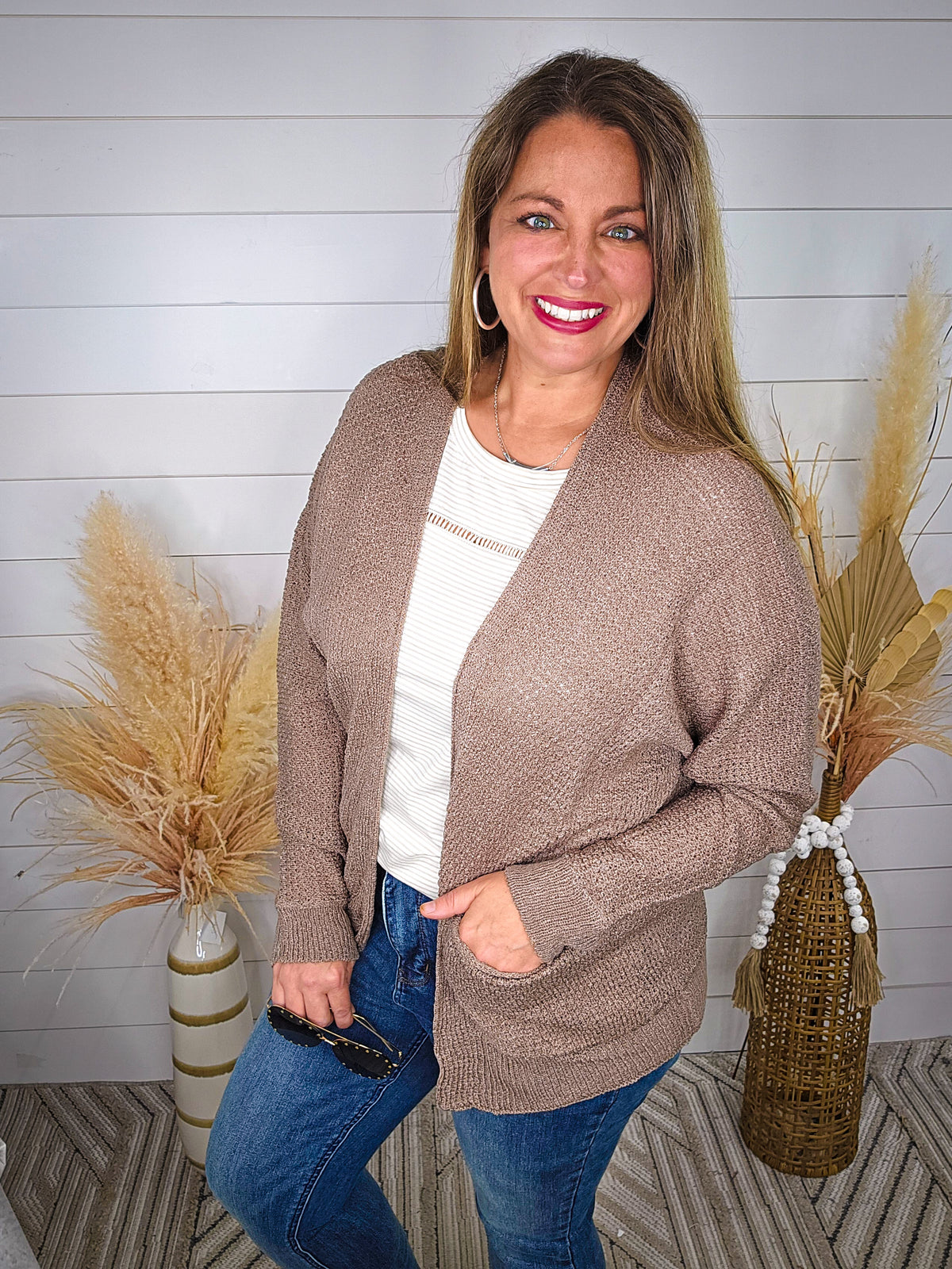 COCOA OPEN FRONT KNIT CARDIGAN W/ DROP SHOULDER AND SIDE POCKETS