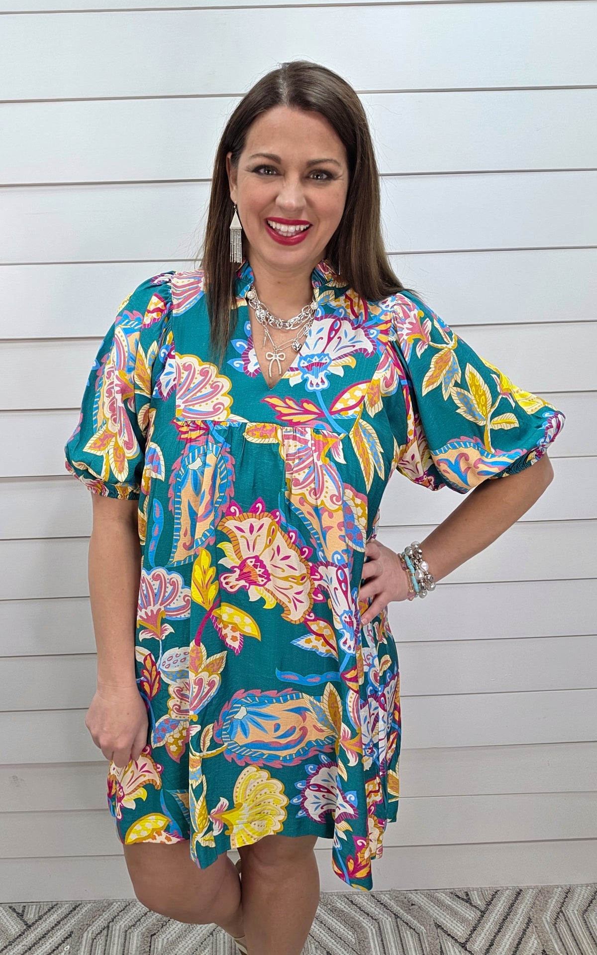 EMERALD MULTI COLOR PRINTED V NECK DRESS