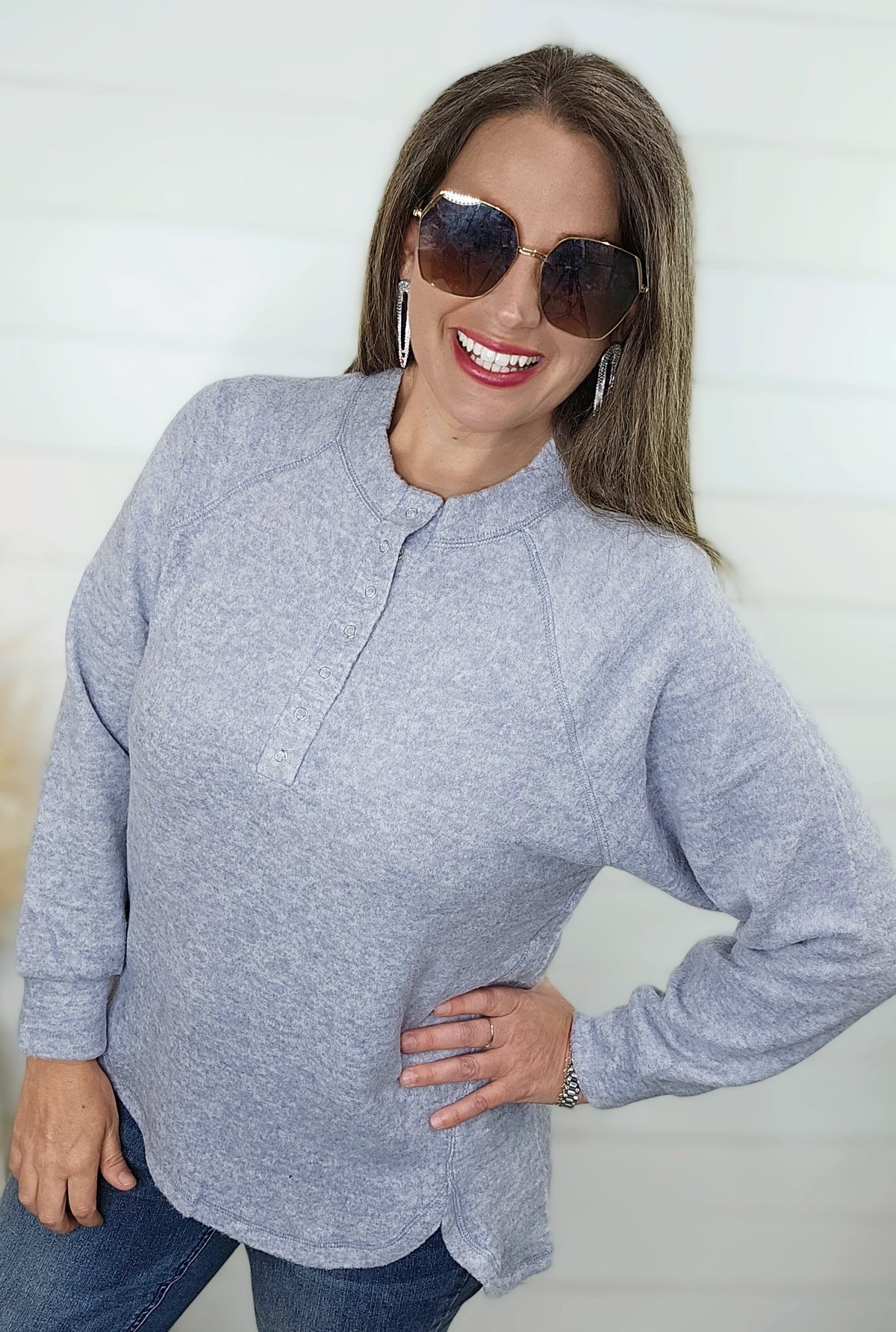 HEATHER GREY BRUSHED KNIT SNAP BUTTON HENLEY TOP