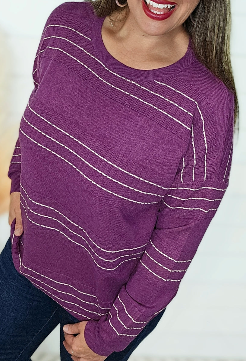 MAGENTA STITCH STRIPED CREW NECK LIGHT WEIGHT SWEATER