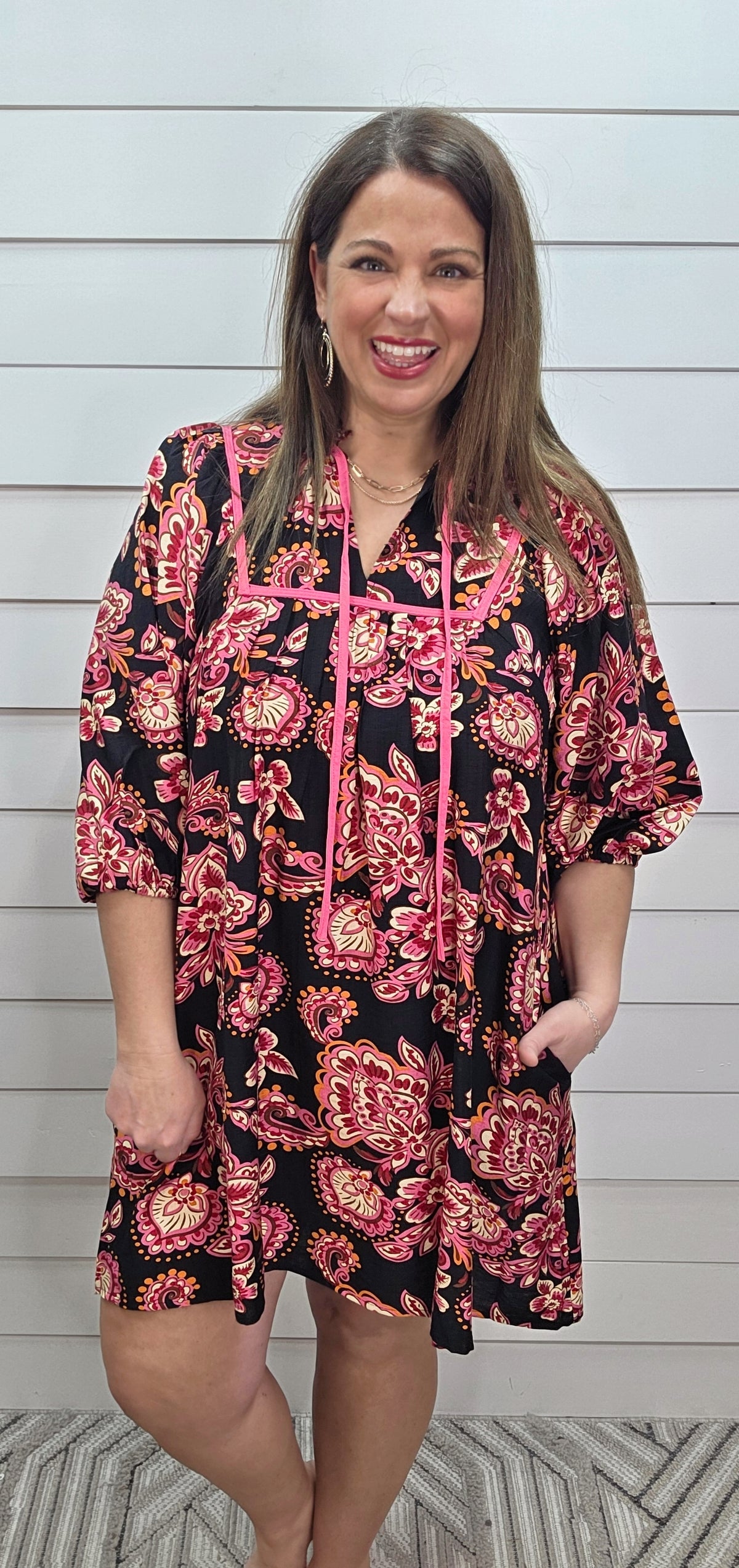 BLACK/HOT PINK FLORAL DRESS W/ POCKETS