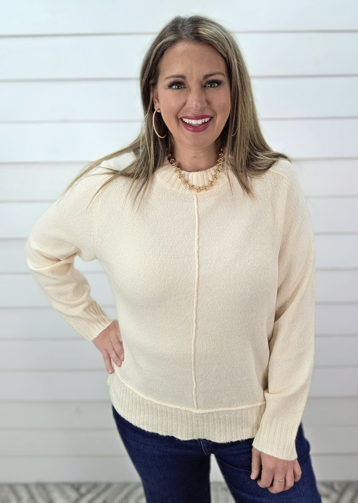 OATMEAL CENTER SEAM RAGLAN SLEEVE CREW NECK PULLOVER SWEATER