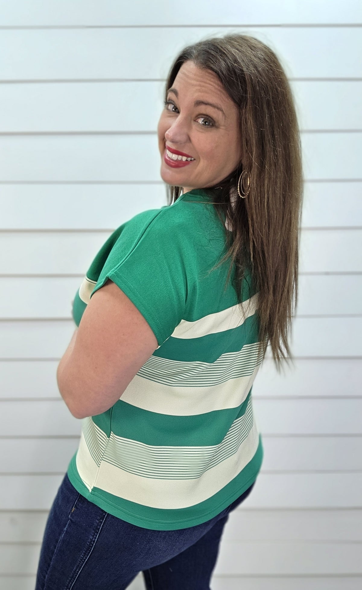 GREEN STRIPED MIXED CAP SLEEVE KNIT TOP
