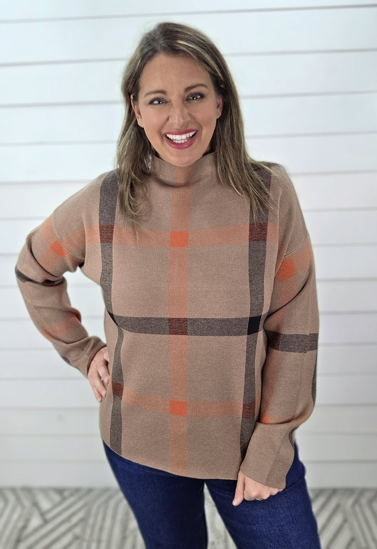 MOCHA PLAID HIGH NECK PULLOVER SWEATER