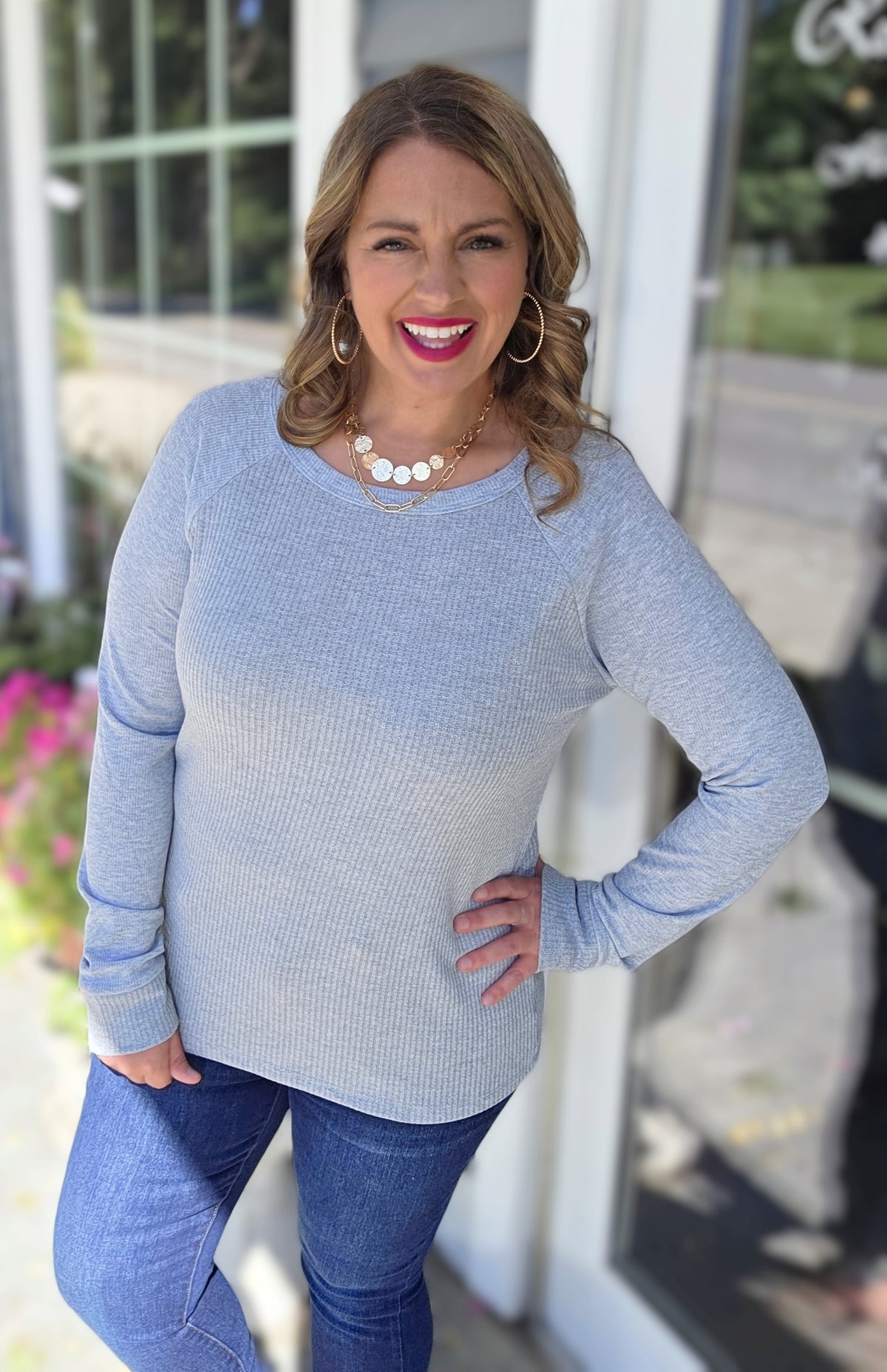 HEATHER GREY FABRIC CONTRAST KNIT LONG SLEEVE TOP