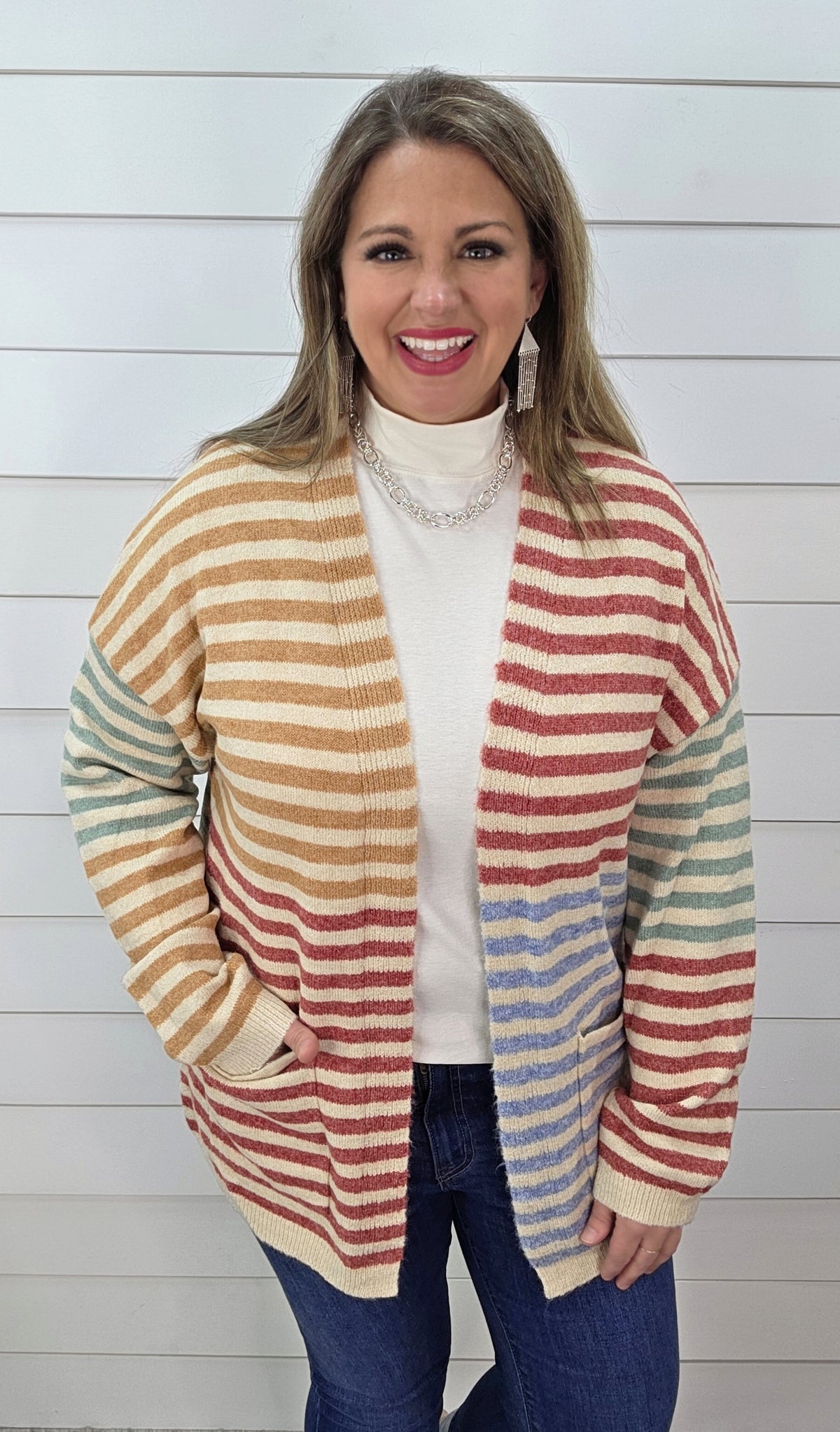 CAMEL/BERRY STRIPED COLORBLOCK KNIT CARDIGAN