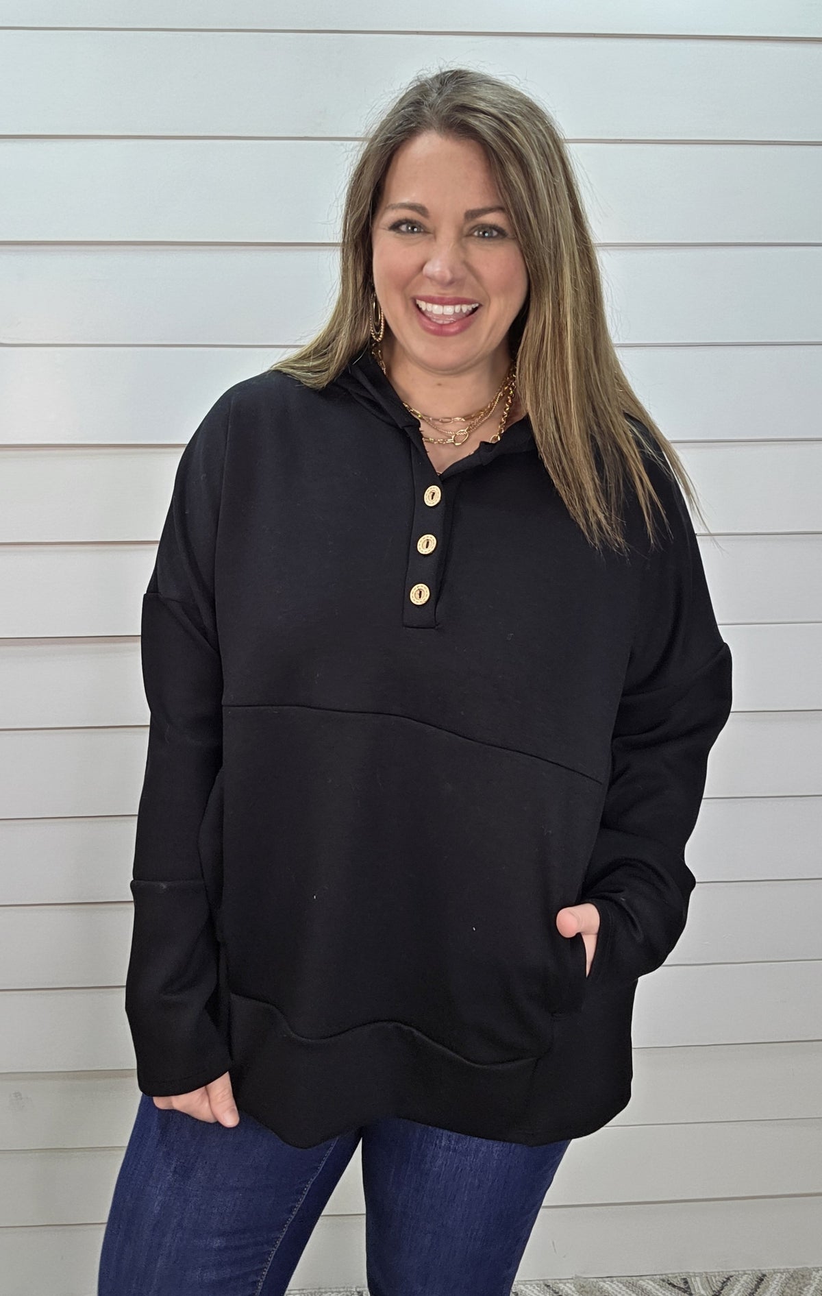 BLACK OVERSIZED SCUBA HOODED HENLEY TOP