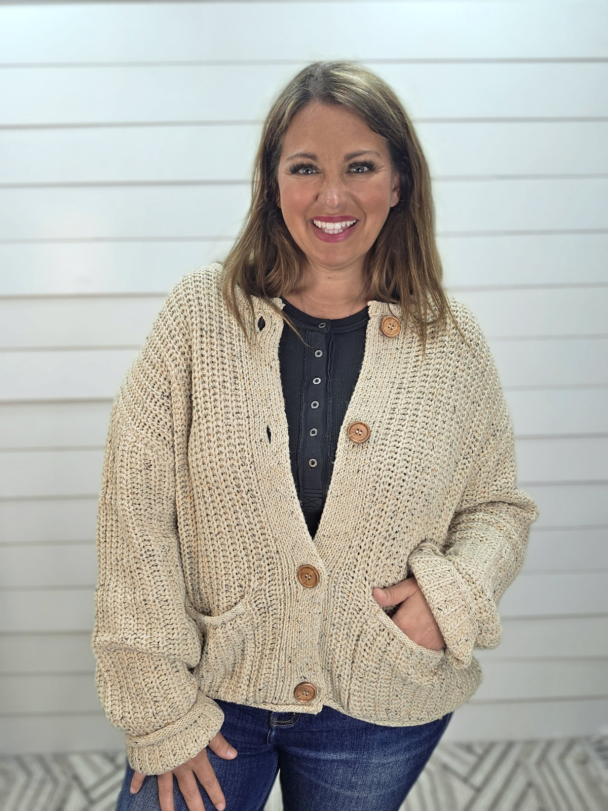 TAUPE Marled Button Down Raw Edge Chunky Knit Cardigan