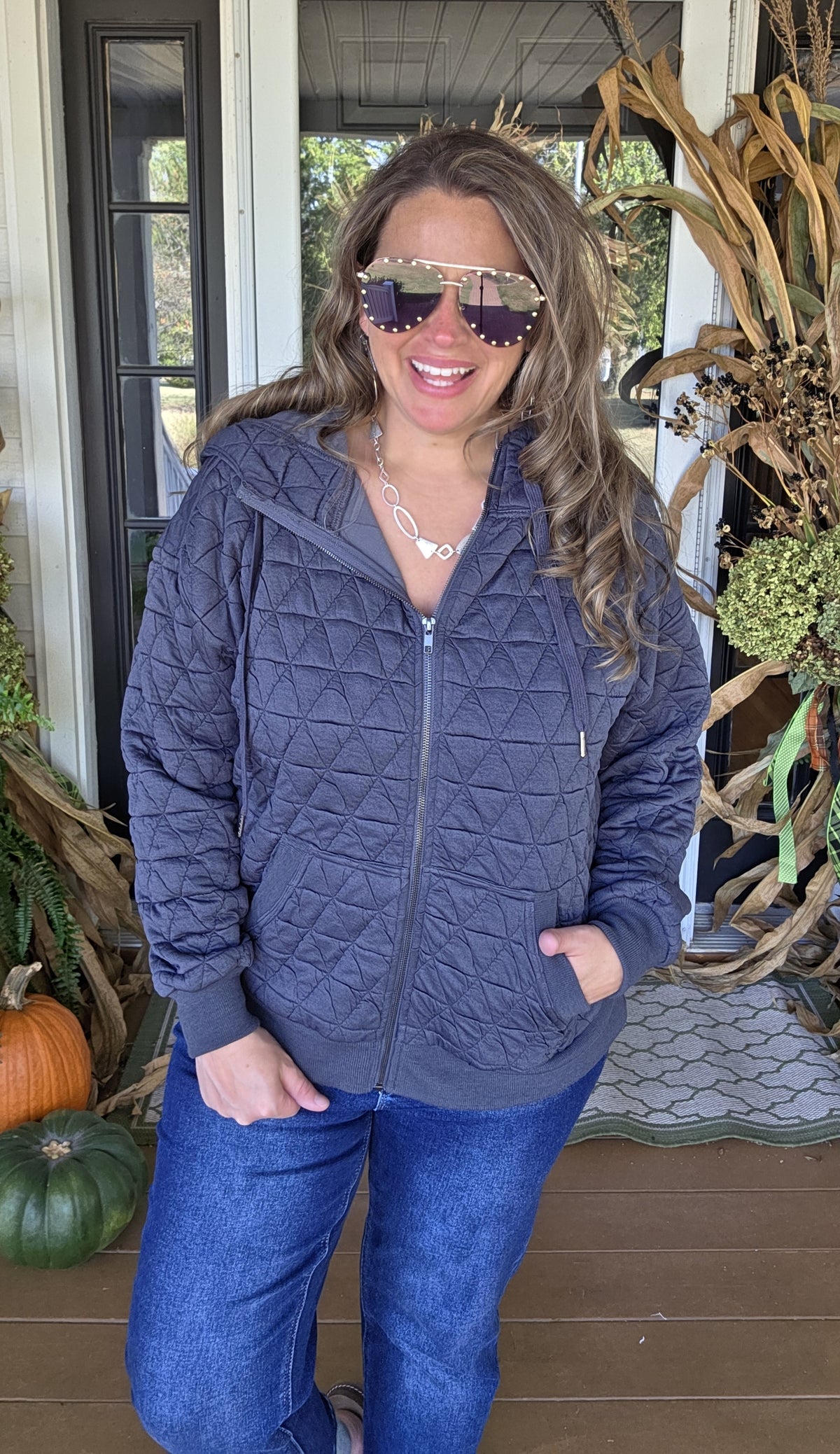 GUNMETAL QUILTED ZIP UP JACKET