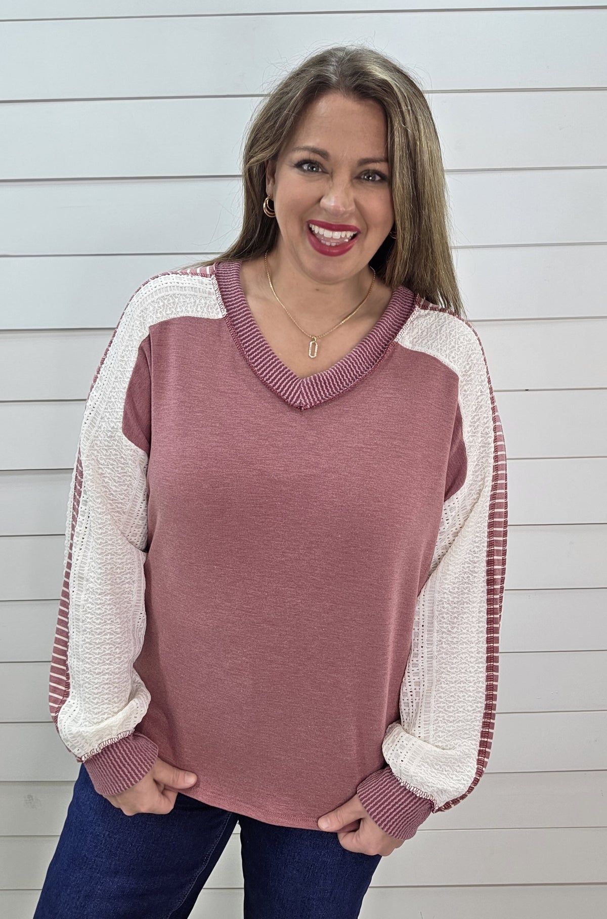 MAUVE FRENCH TERRY LACE/STRIPED CONTRAST SLEEVE TOP