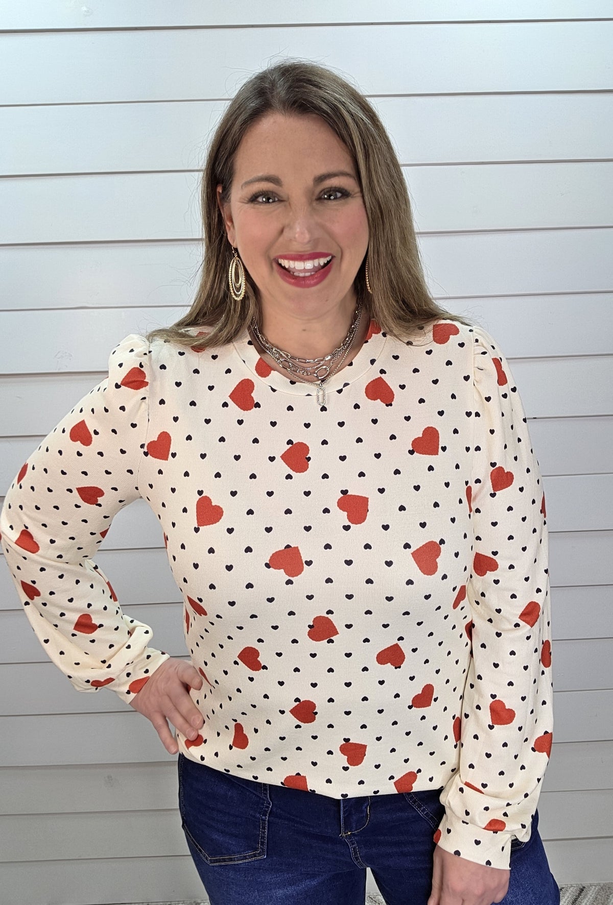 MULTI HEART KNIT CREAM TOP