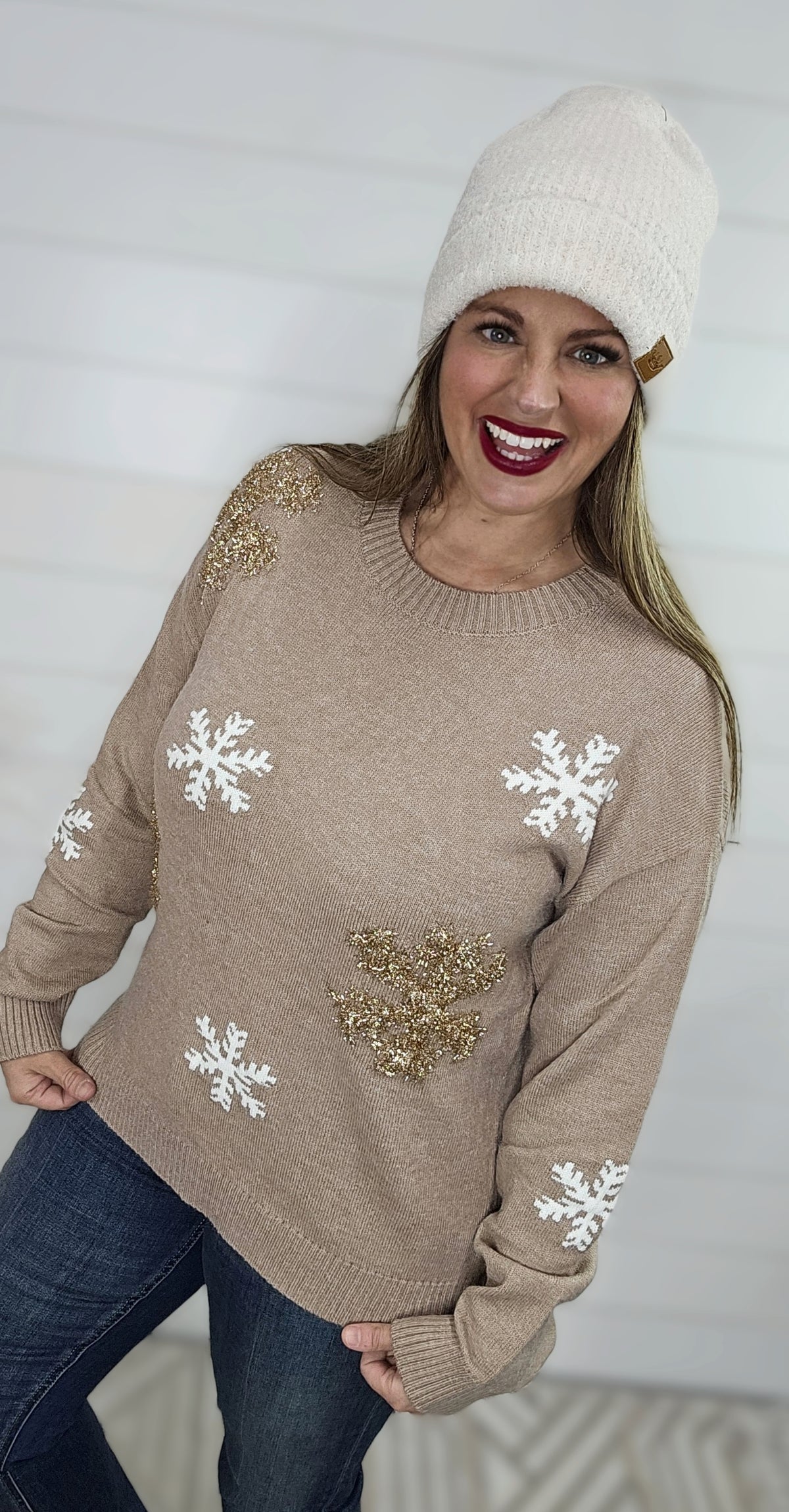 MOCHA METALLIC SNOWFLAKE SWEATER