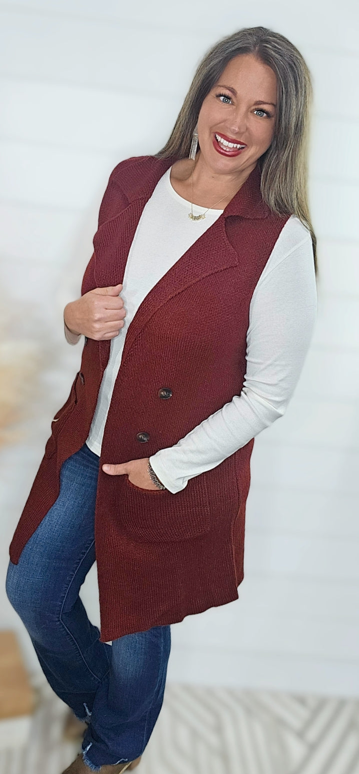 BURGUNDY SLEEVELESS LONG SWEATER VEST