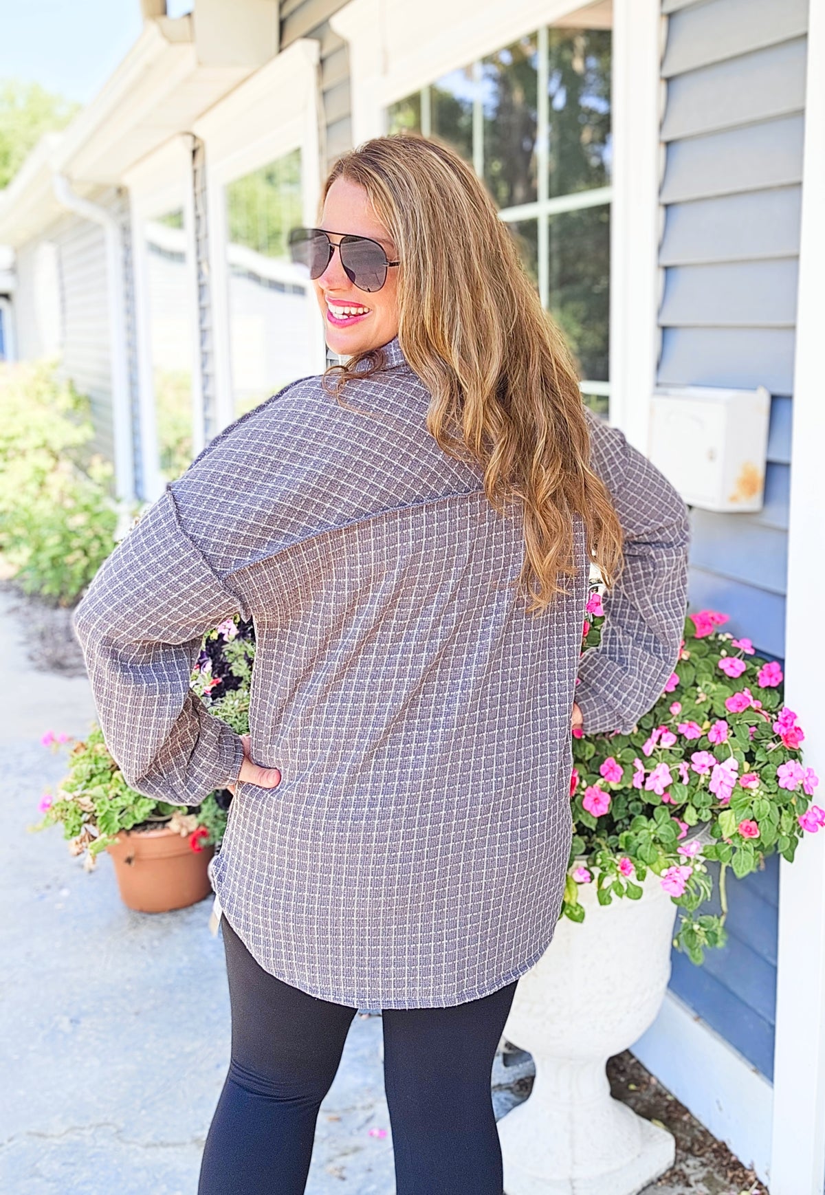 DARK GREY PLAID BUTTON DOWN SOFT KNIT TOP
